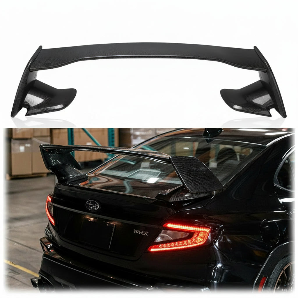 A black spoiler wing shown in two views: a clean product shot at the top and installed on the rear of a blue Subaru WRX at the bottom. The top view includes an Ebsongio brand badge, and the bottom view shows the car in a garage setting.