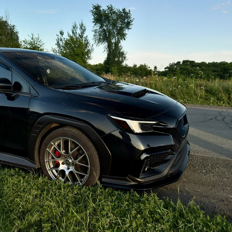 A black performance hatchback car parked outdoors on grass next to a paved road, with trees and a blue sky in the background.