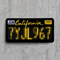 A novelty California license plate with a black background, yellow pixelated numbers, 'JUN California' in yellow script, a white 'JUN' box on the left, and a yellow '2020' sticker on the right, shown on a plain white background.