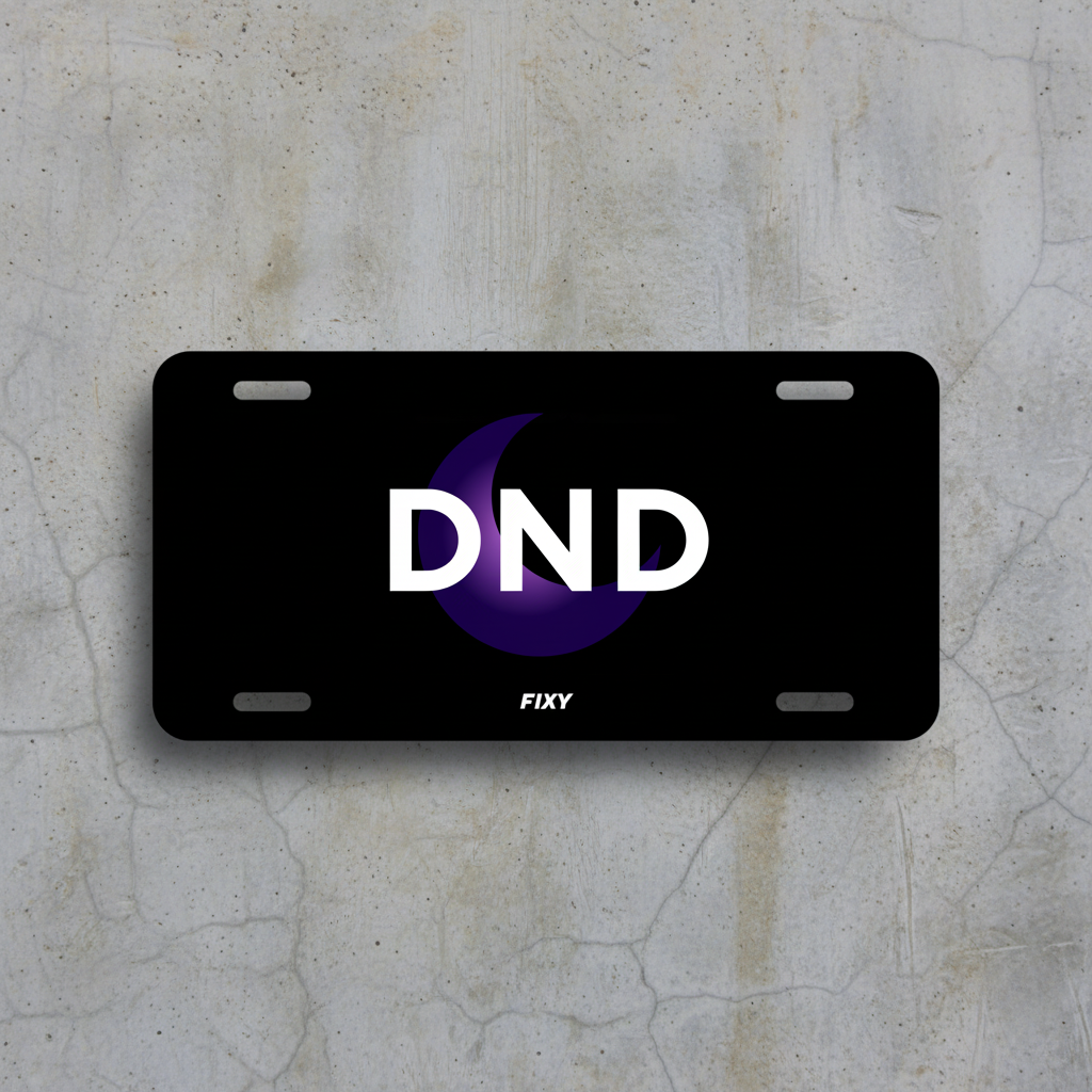 Black license plate with 'DND' and a purple moon design on a white background