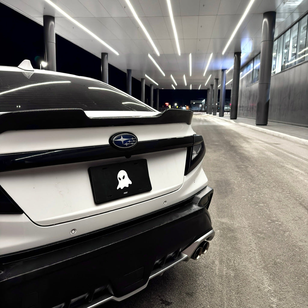 Car with a ghost license plate in a modern indoor setting