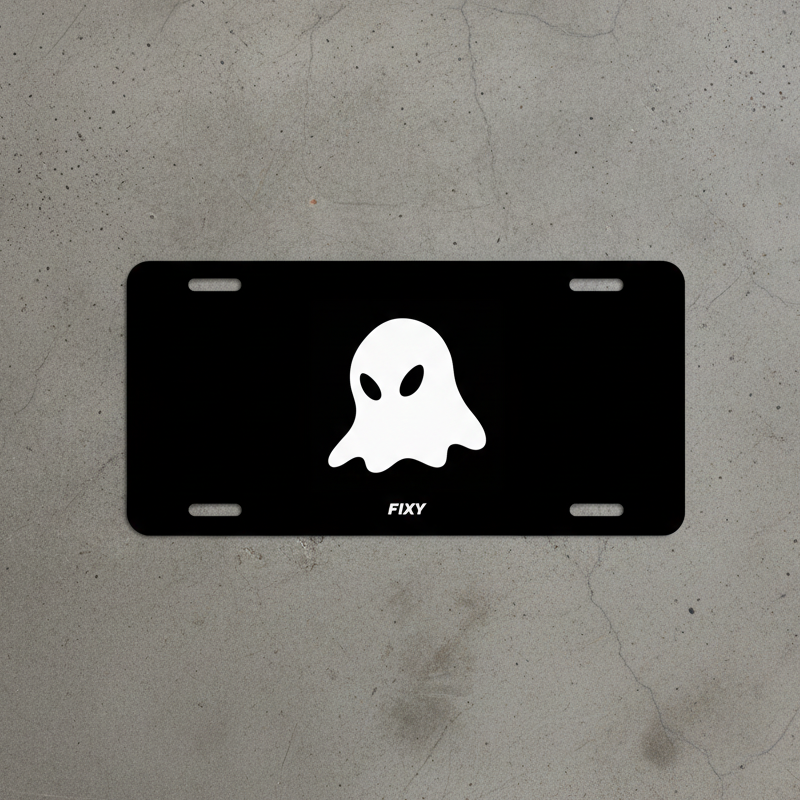 Black license plate with a white ghost design and 'FIXY' branding.