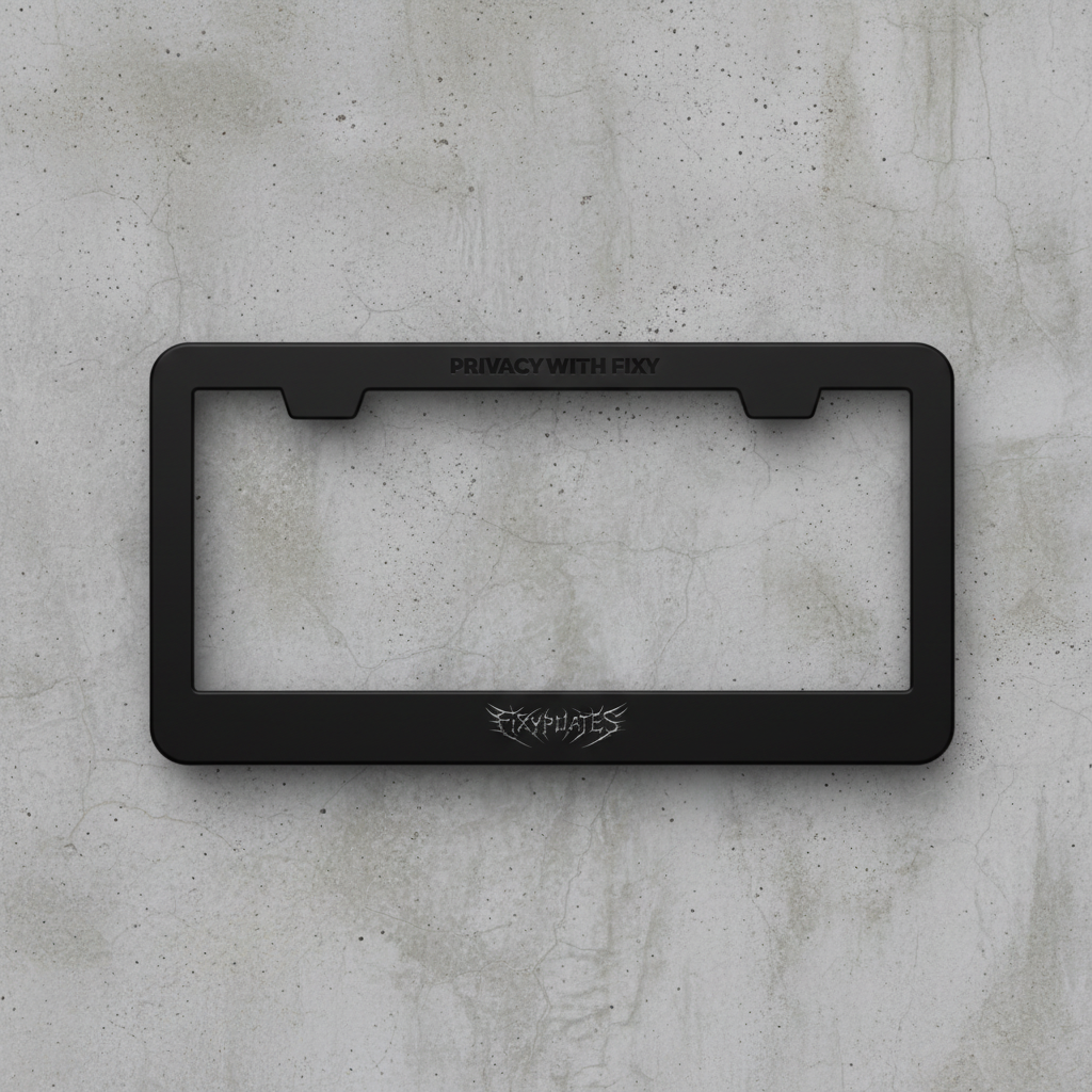Black license plate frame with 'Privacy with Fixy' text and logo on a white background