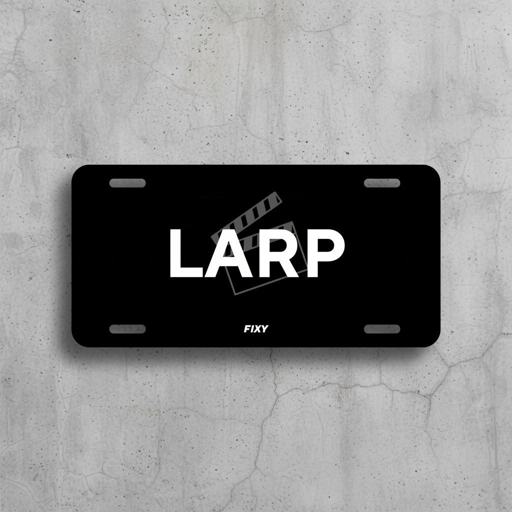 Black license plate with 'LARP' and a film reel graphic on a white background