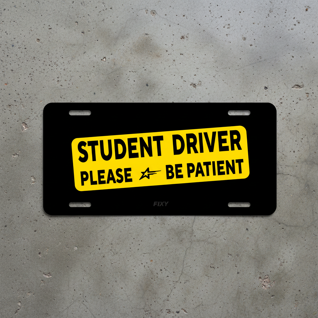 Black license plate with yellow 'Student Driver Please Be Patient' sign