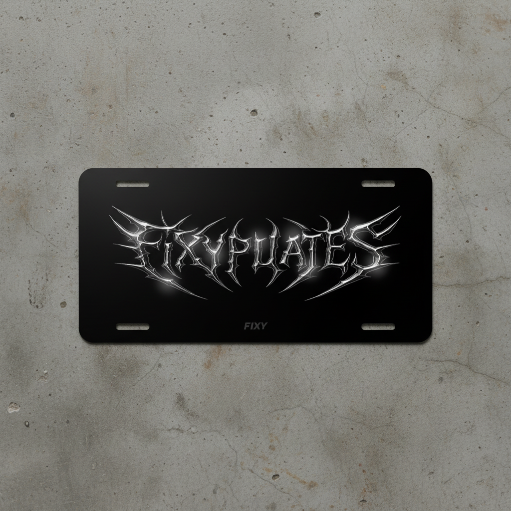 Black license plate with white 'FIXY' branding and stylized text design.