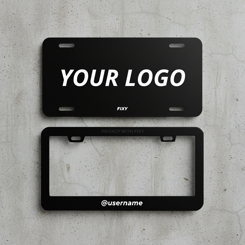 Two black license plate frames with customizable text on a white background
