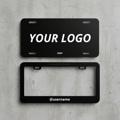 Two black license plate frames with customizable text on a white background