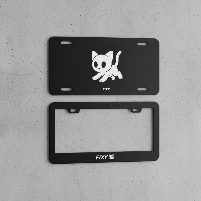 Black license plate frames with a white cat design and 'FIXY' branding on a white background.