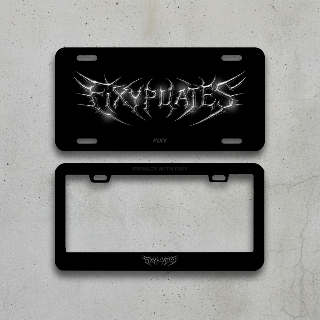 Two black license plate frames with 'FIXY' branding on a white background