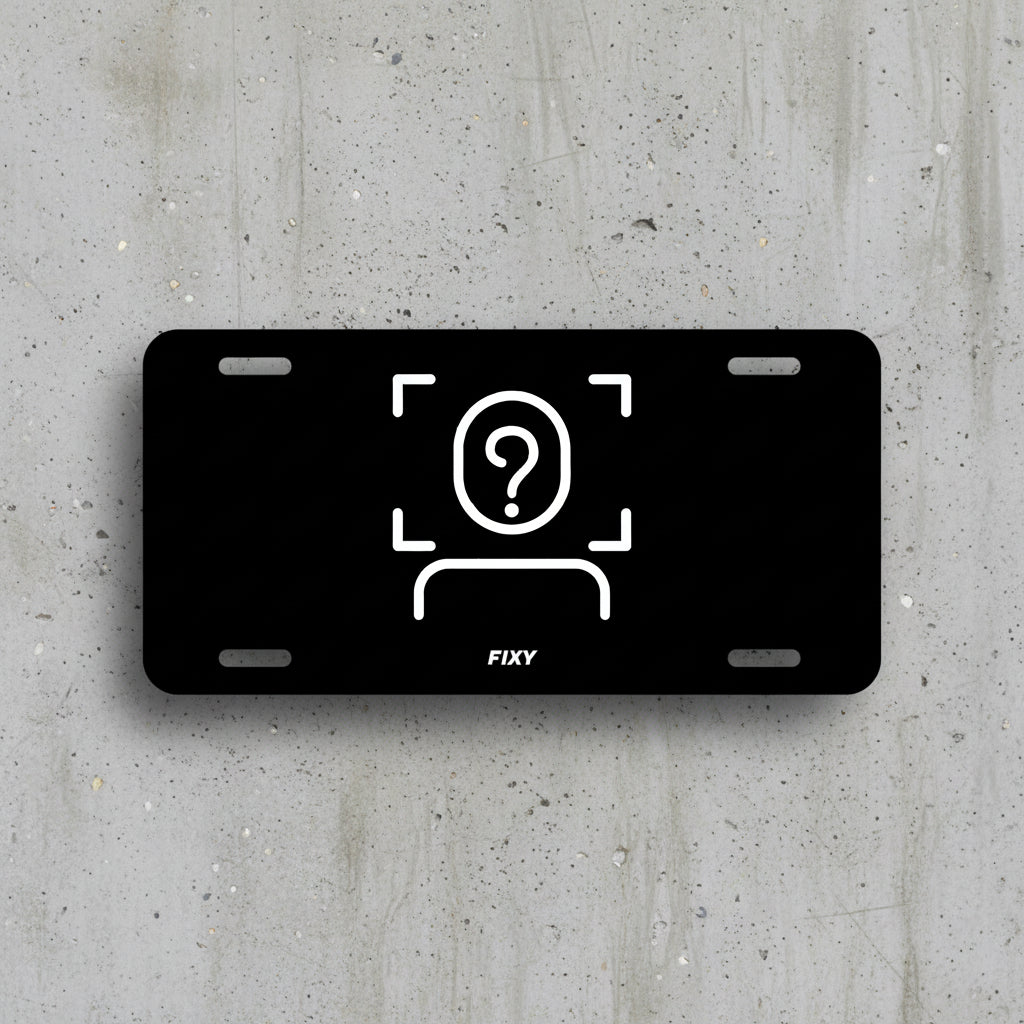 Black license plate with a question mark symbol and 'FIXY' branding on a white background