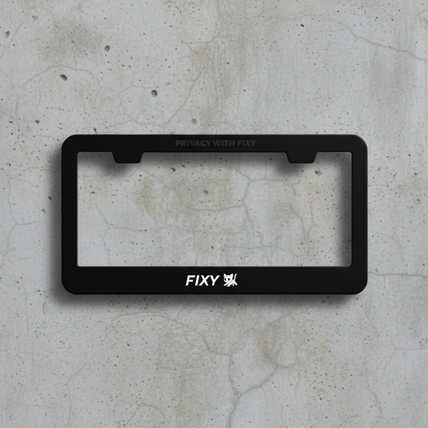 Black license plate frame with 'FIXY' branding on a concrete background