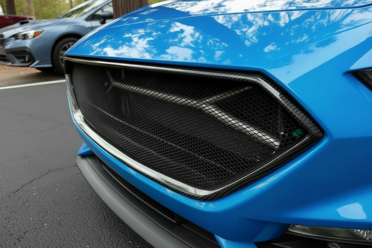 blue car with a black grille in an outdoor setting