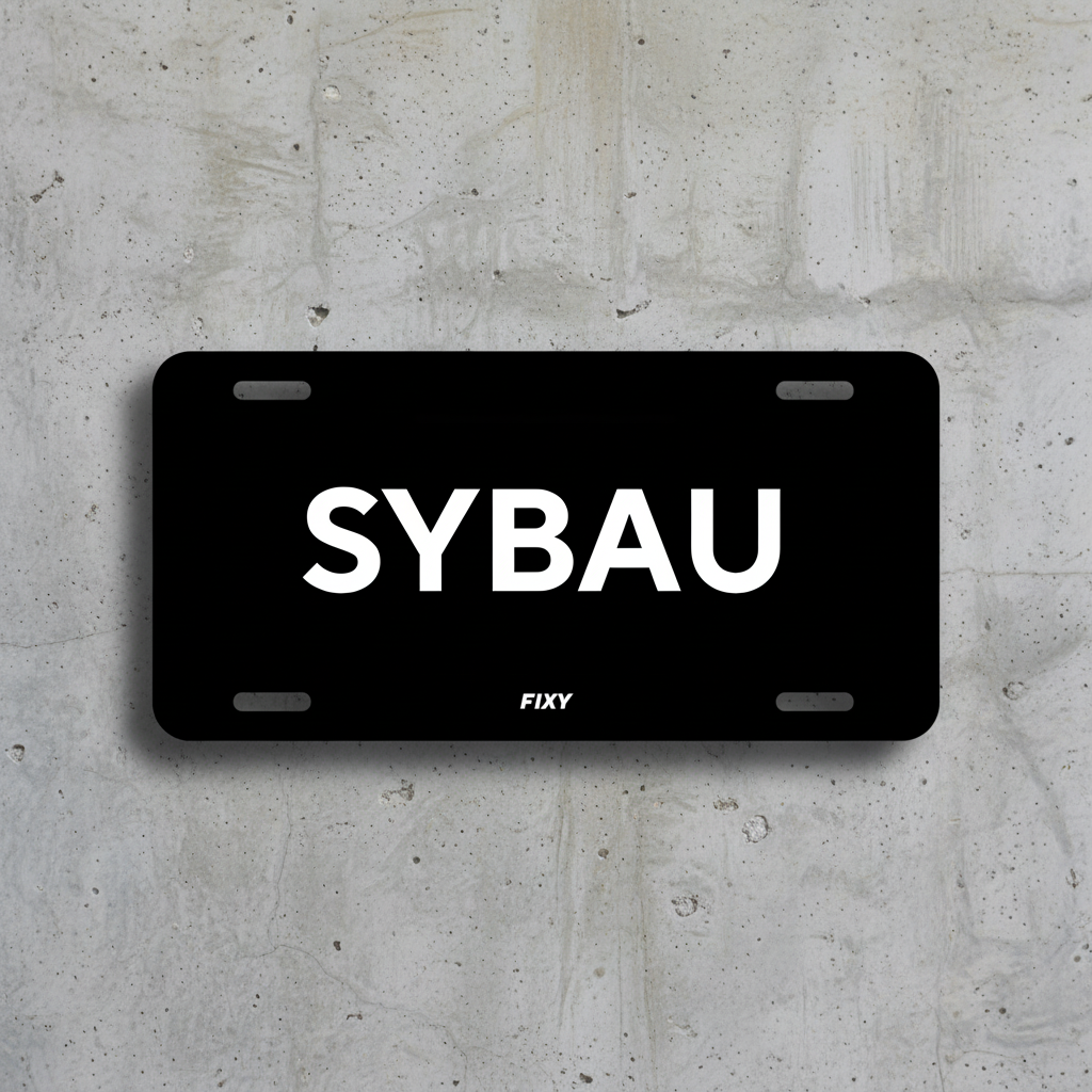 Black license plate with 'SYBAU' text on a white background