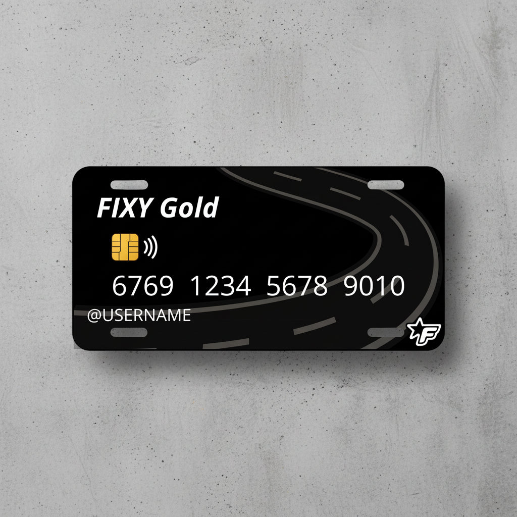 Black license plate with road design and FIXY Gold branding