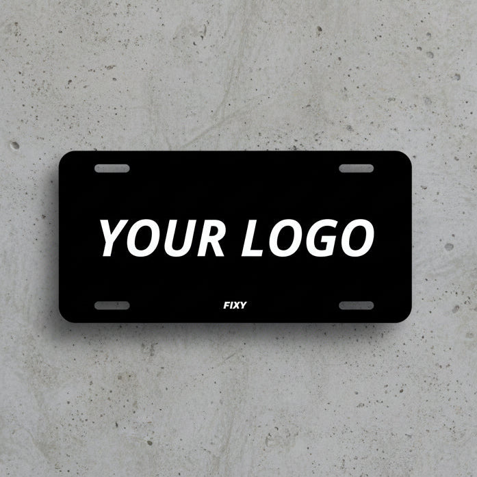 Black license plate with 'YOUR LOGO' text on a white background