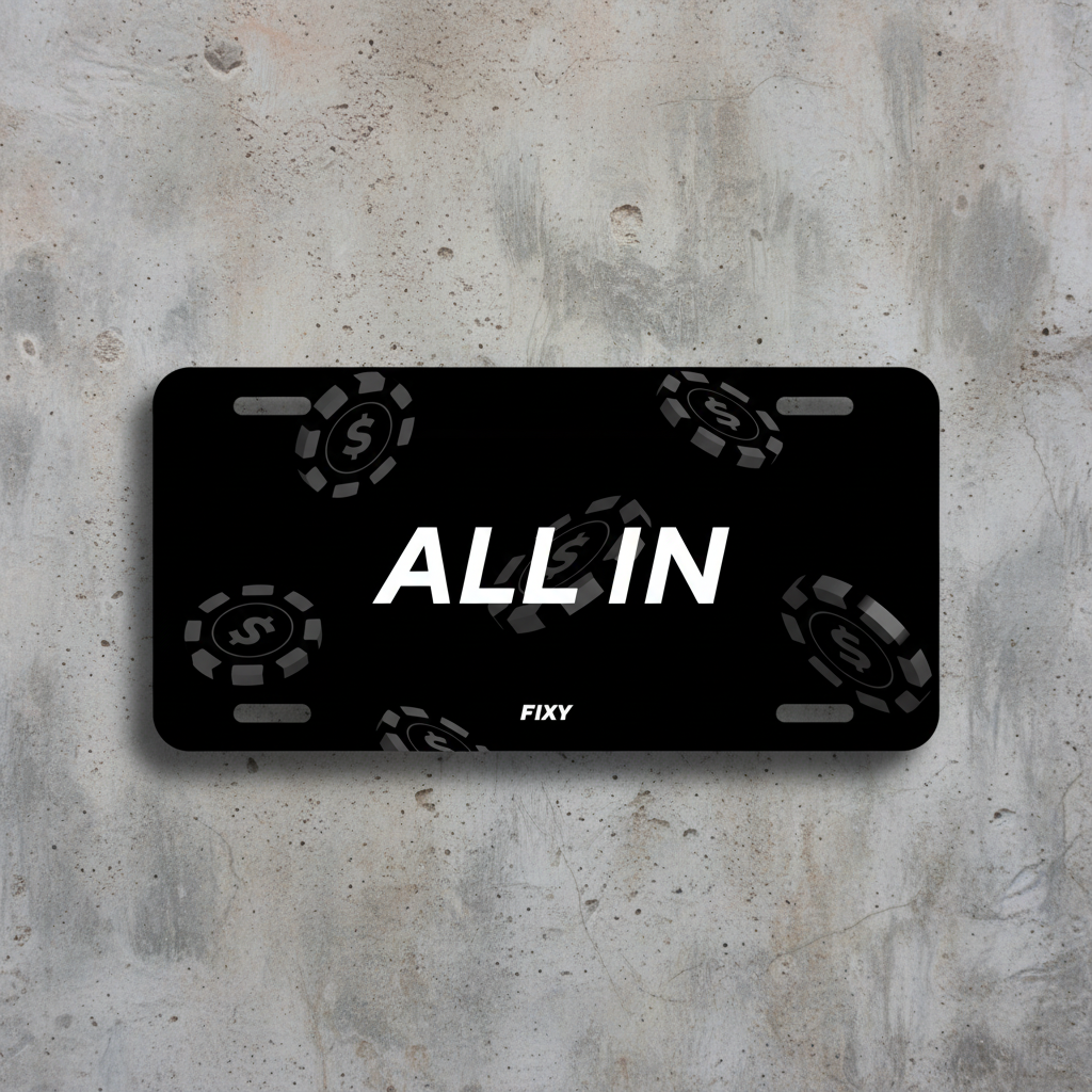 Black license plate with 'ALL IN' text and poker chip graphics on a white background