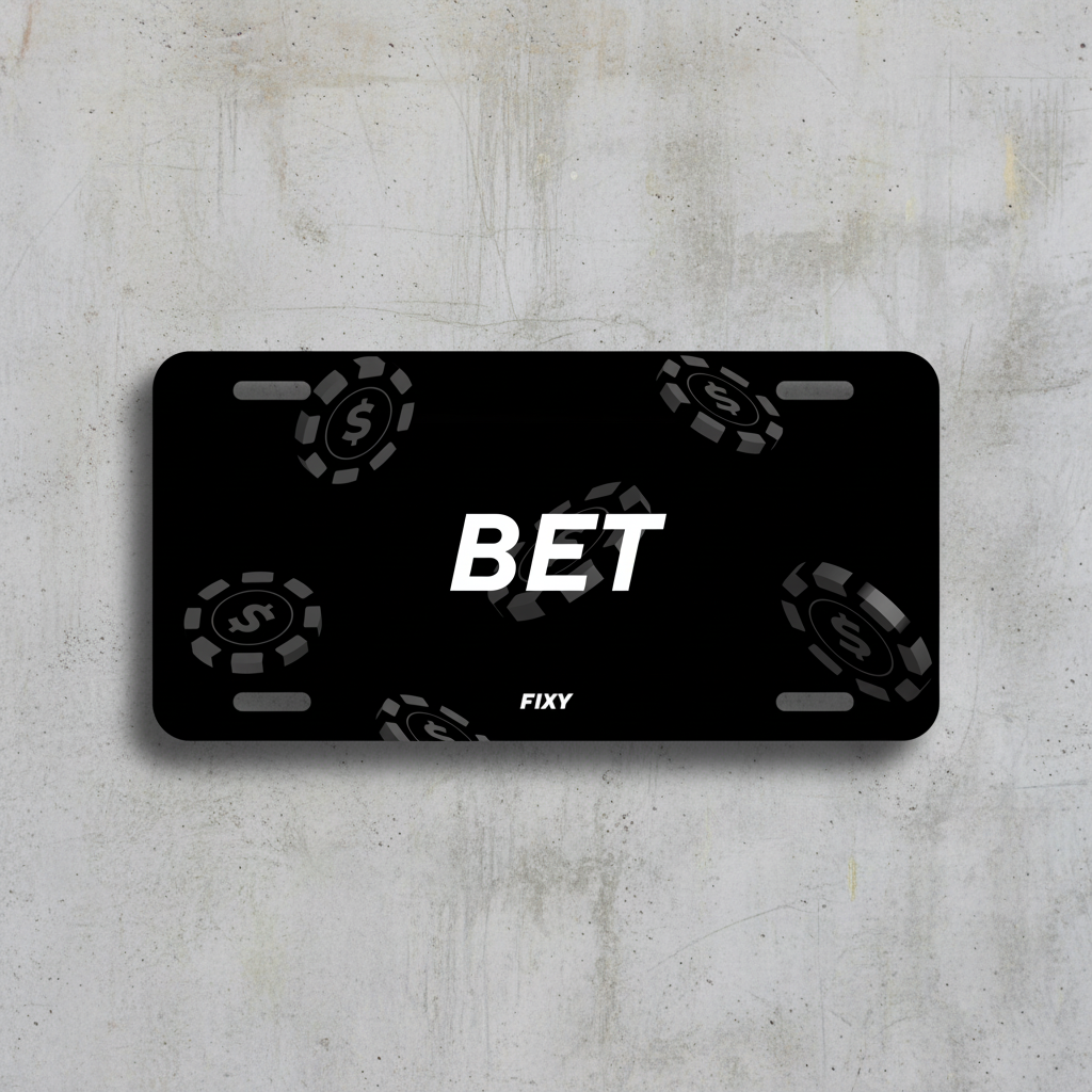 Black license plate with 'BET' and 'FIXY' text on a white background