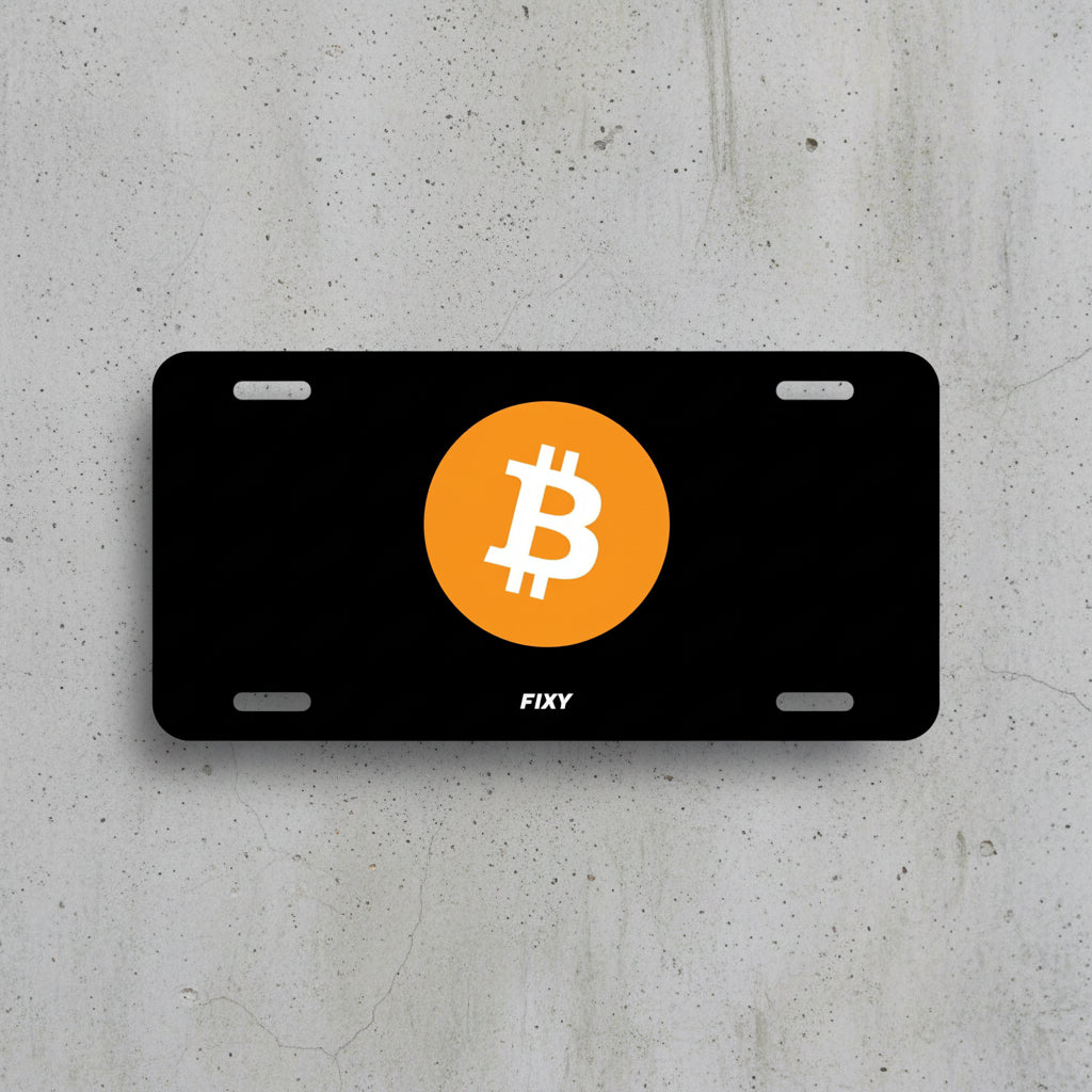 Black license plate with Bitcoin symbol and 'FIXY' branding on a white background