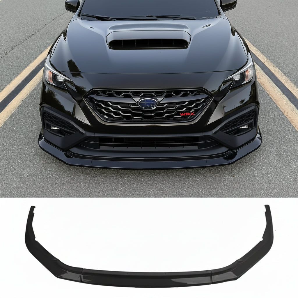 A blue Subaru WRX car shown from the front on an asphalt road, with a black front lip spoiler installed, and a separate black lip spoiler product displayed below on a white background.