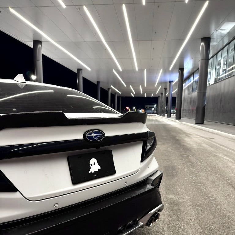 Car with a ghost license plate in a modern indoor setting