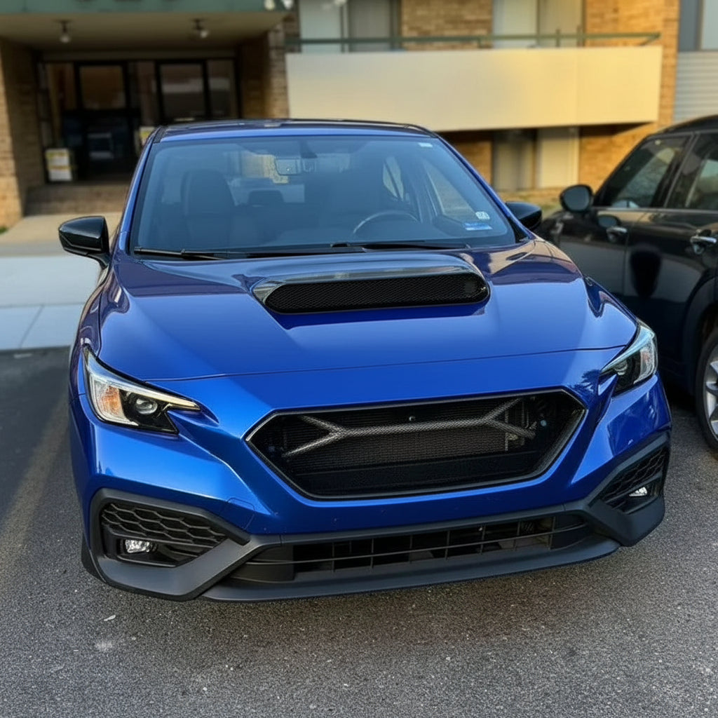 blue car with black accents parked on a street