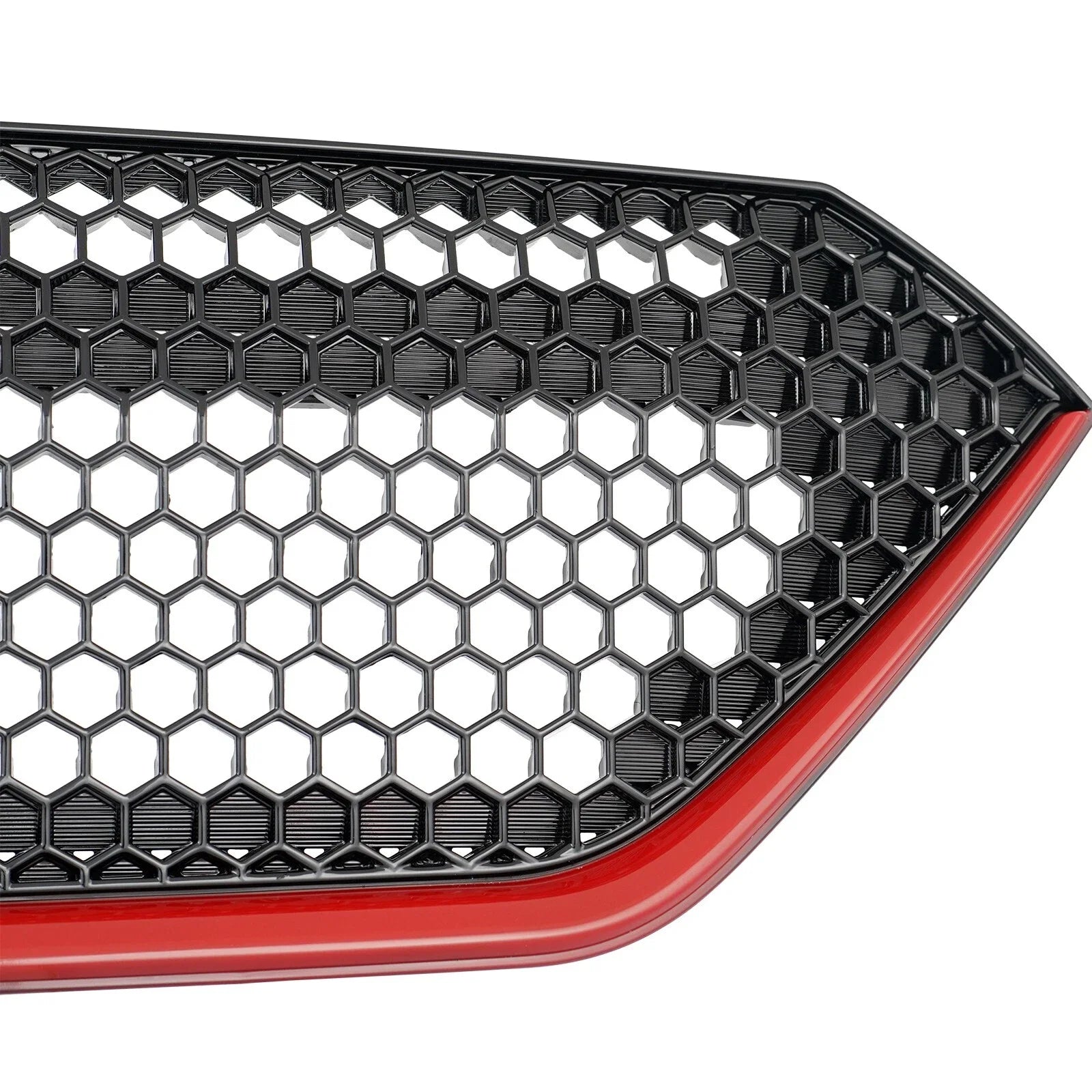 Car grille with honeycomb pattern and red border on a white background