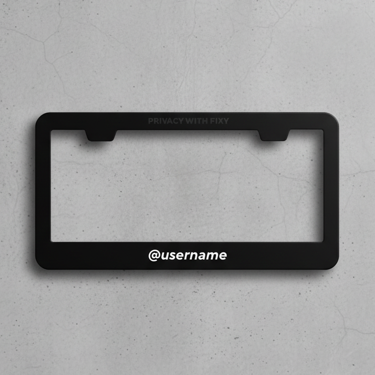 Black license plate frame with customizable text on a white background