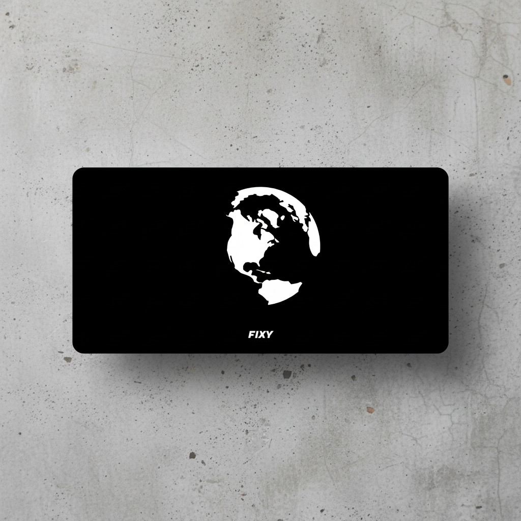 Black license plate with white world planet and 'FIXY' branding on a white background