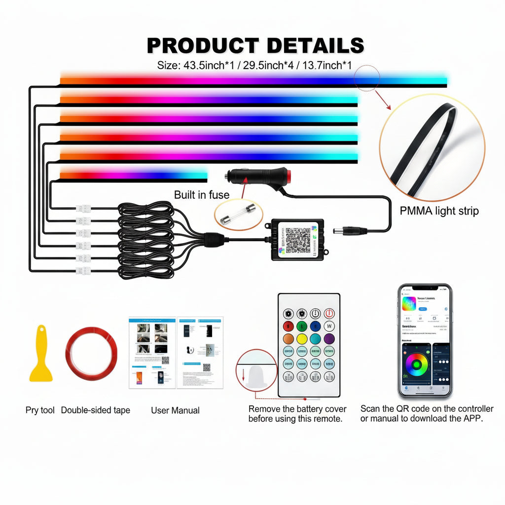 fixy-ambient-lighting-kit-contents-6 in 1 APP Remote