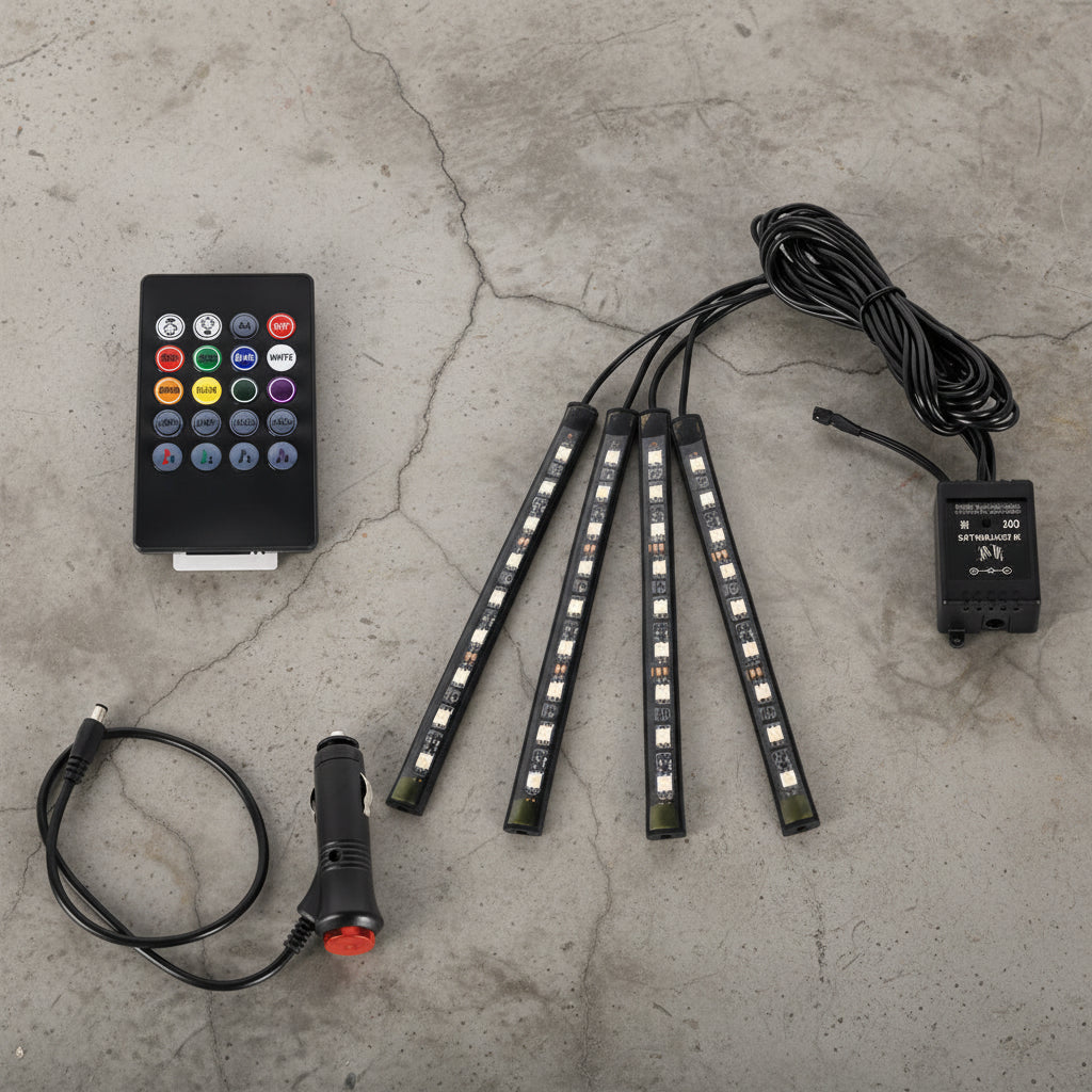36 LED cigarette lighter remote control system with remote, lights, and adapter on a white background
