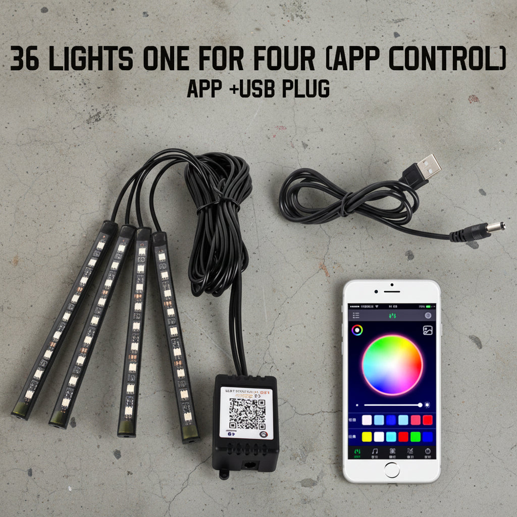 LED light strip set with app control and USB plug on a white background