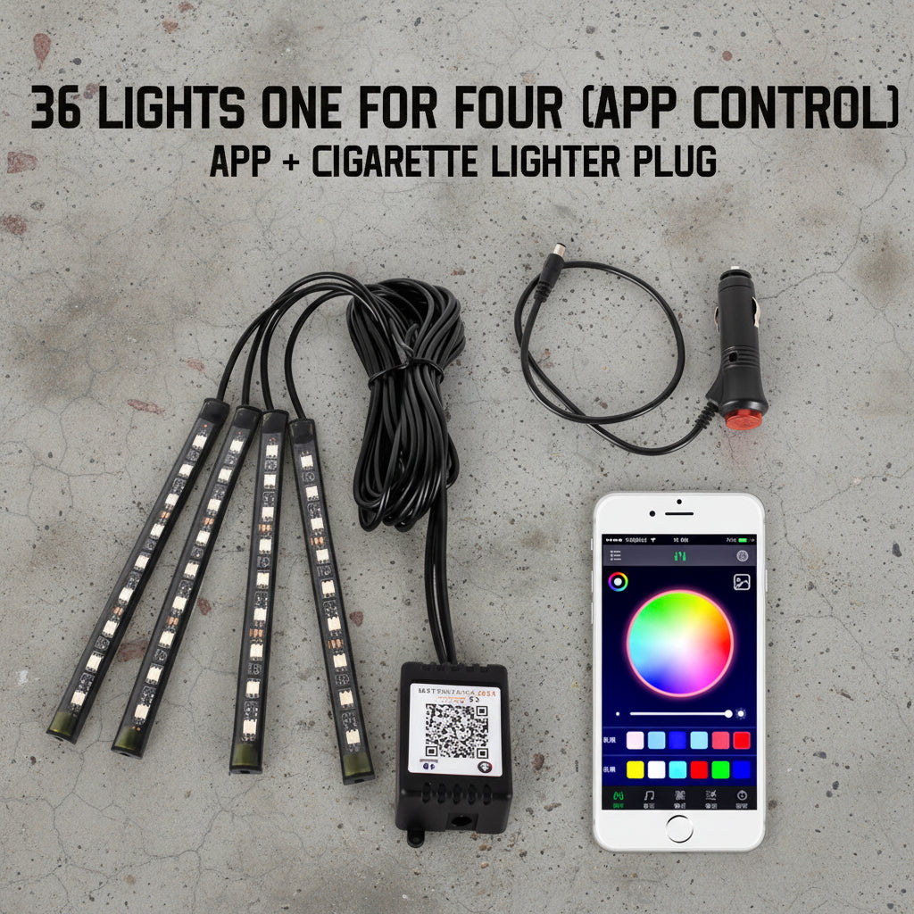 LED light strip kit with app control, cigarette lighter plug, and smartphone displaying app interface on a white background.