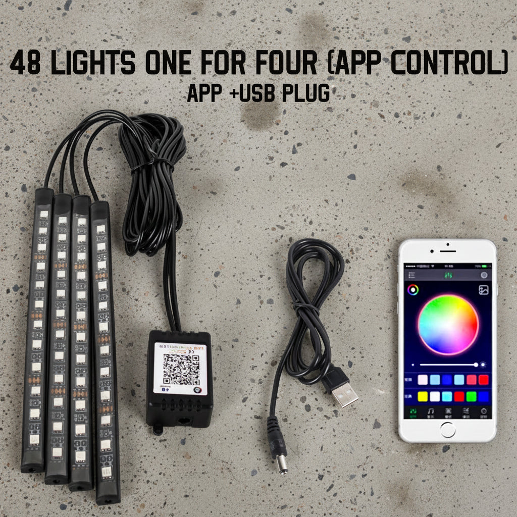 LED light strips with app control and USB plug on a white background