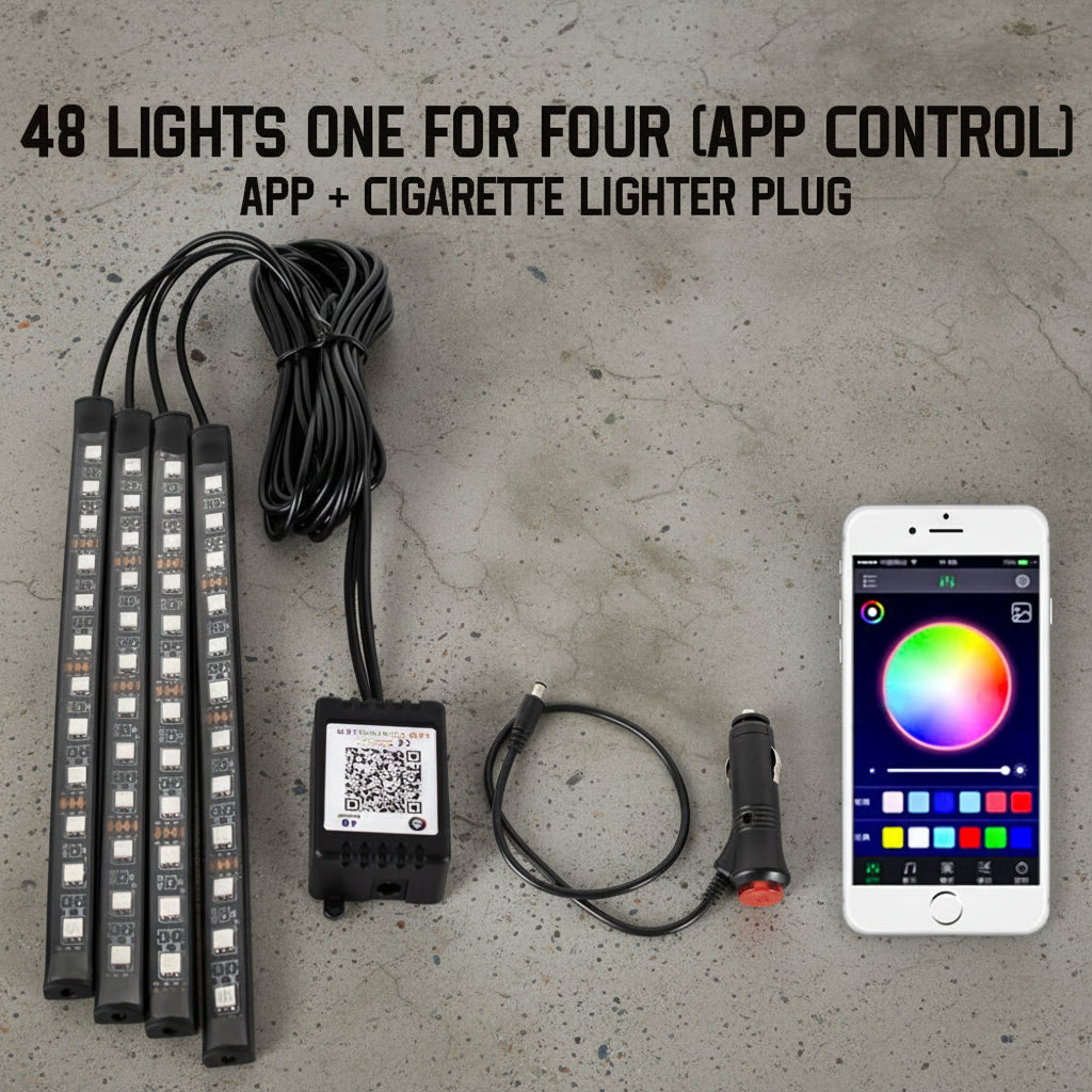 RGB LED light strips with app control and cigarette lighter plug on a white background