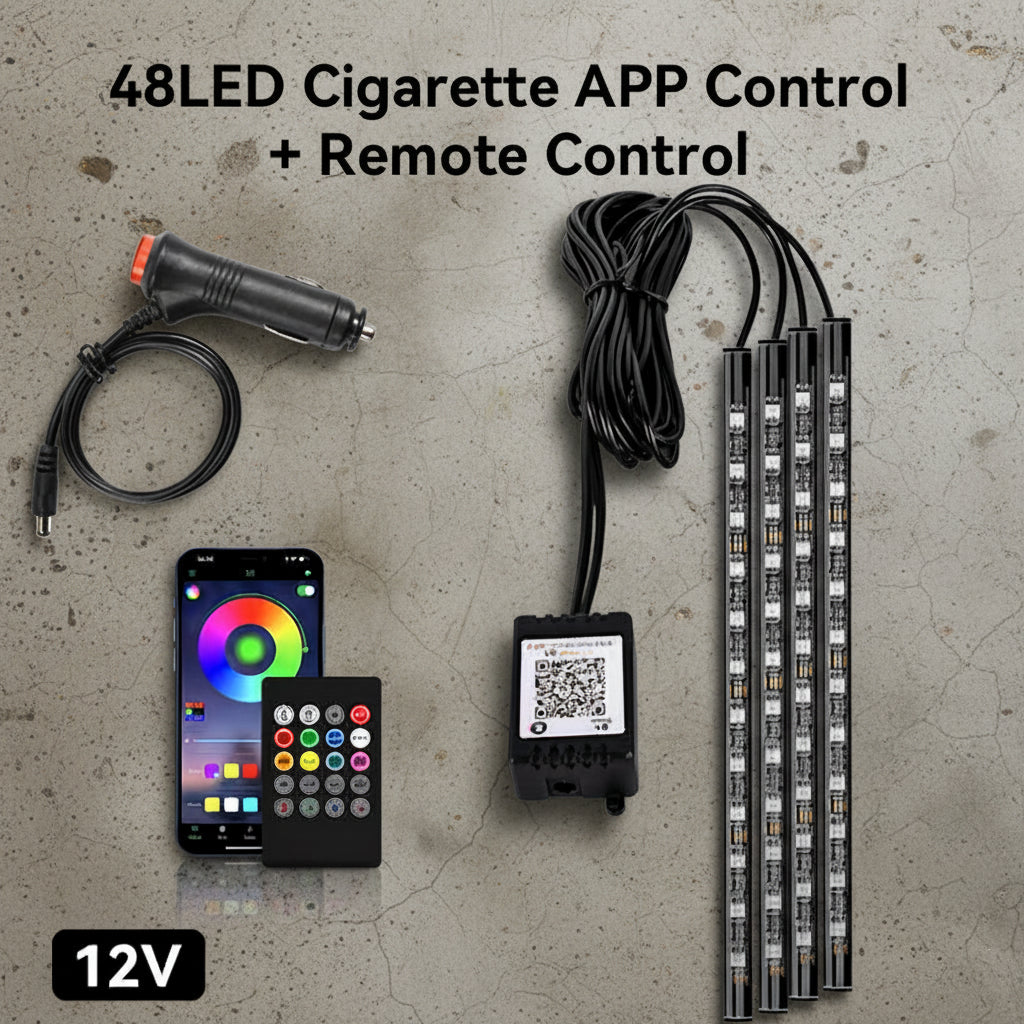 LED strip lights with remote control and app for color changes, displayed on a white background.