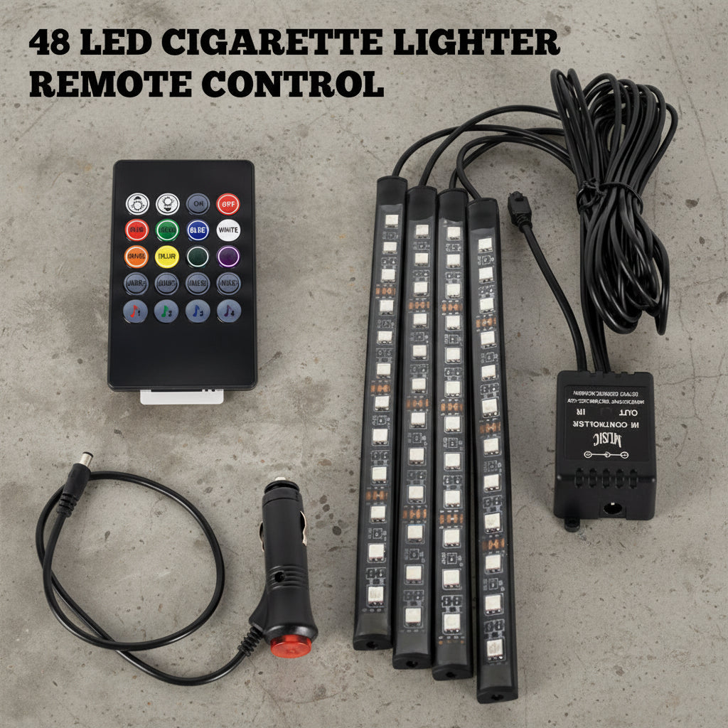 48 LED cigarette lighter remote control with multiple light strips and a remote on a white background