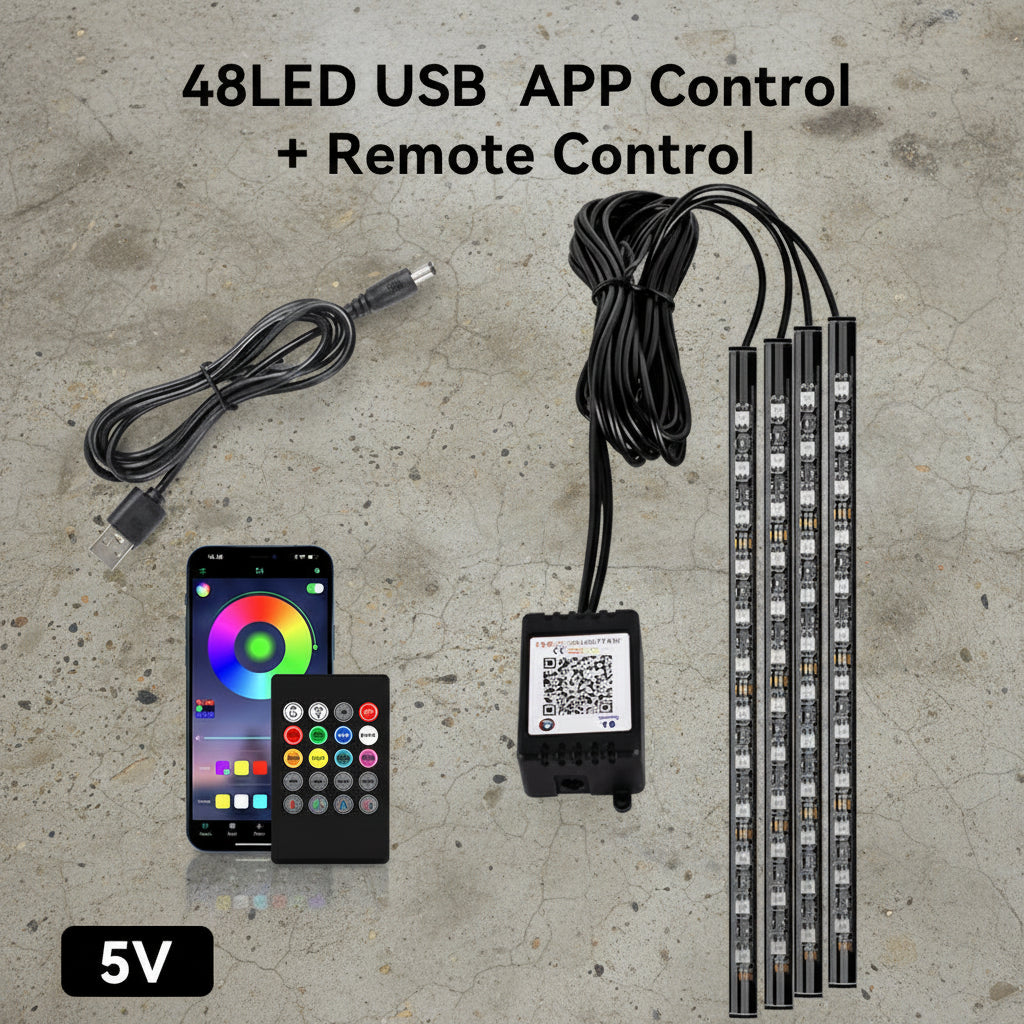 LED strip lights with USB cable, remote control, and smartphone app for color change on a white background.