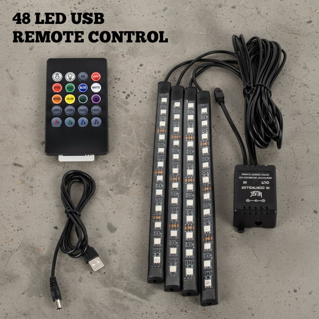 48 LED USB remote control light strips with remote and power adapter on a white background