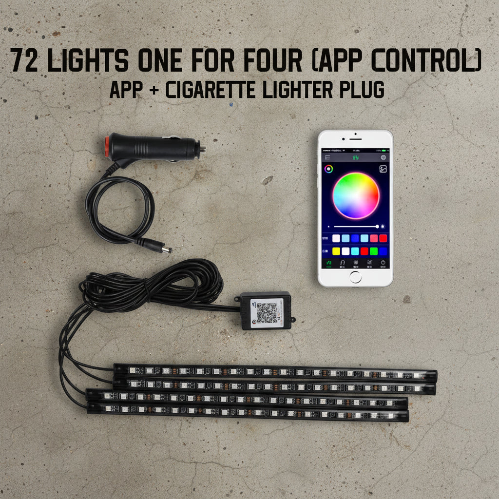 LED strip lights with app control, car charger, and smartphone displaying app interface on a white background.