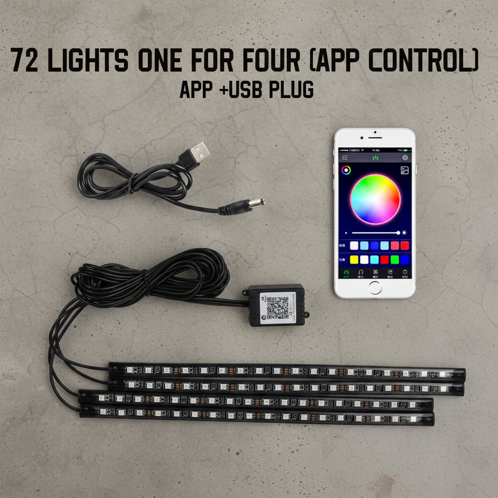 LED light strip set with app control, USB cable, and smartphone displaying app interface on a white background.