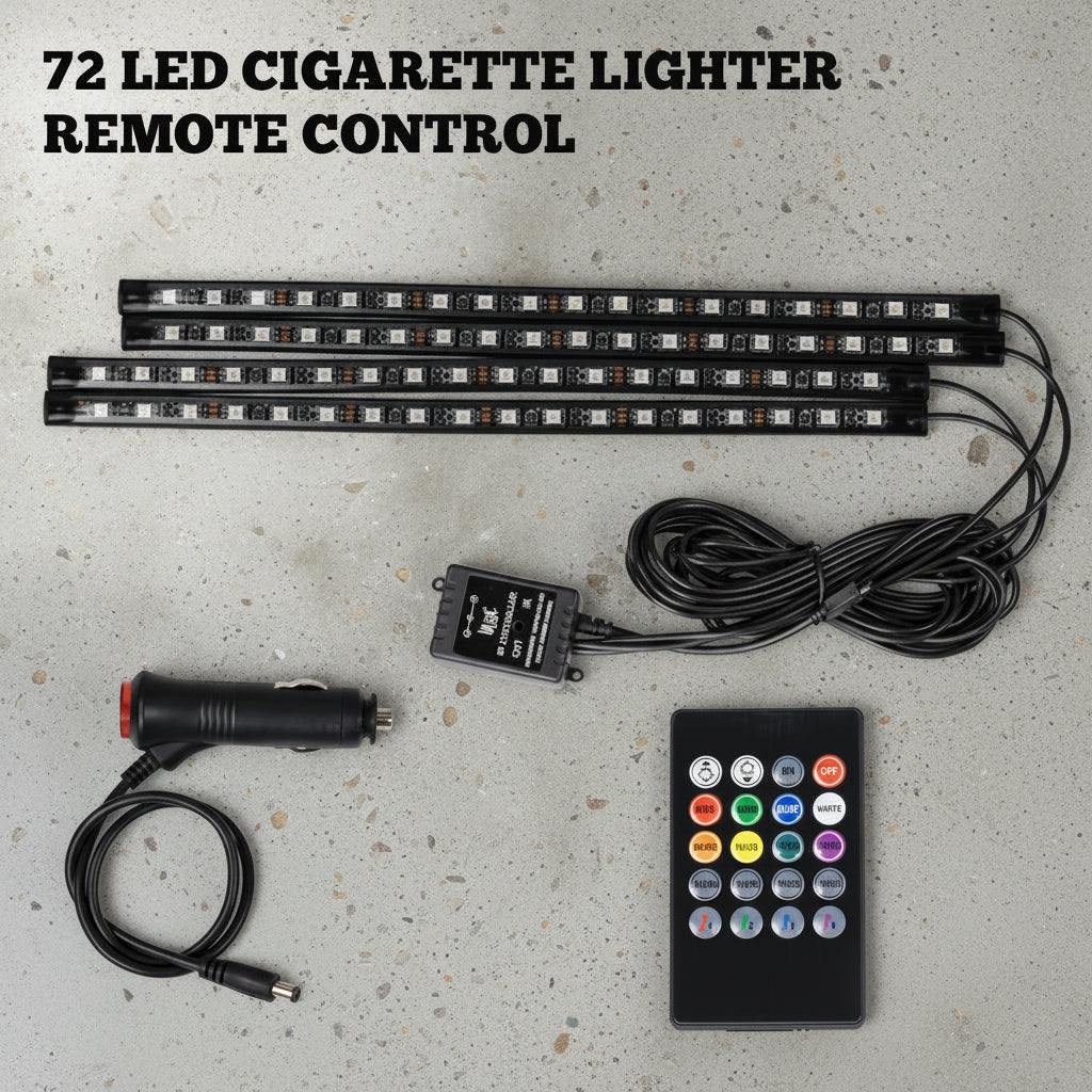 72 LED cigarette lighter remote control system with lights, remote, and adapter on a white background