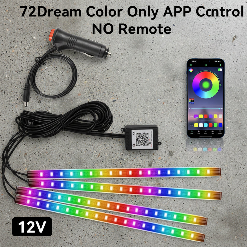 Colorful LED strip lights with 72Dream color-only app control on a white background.