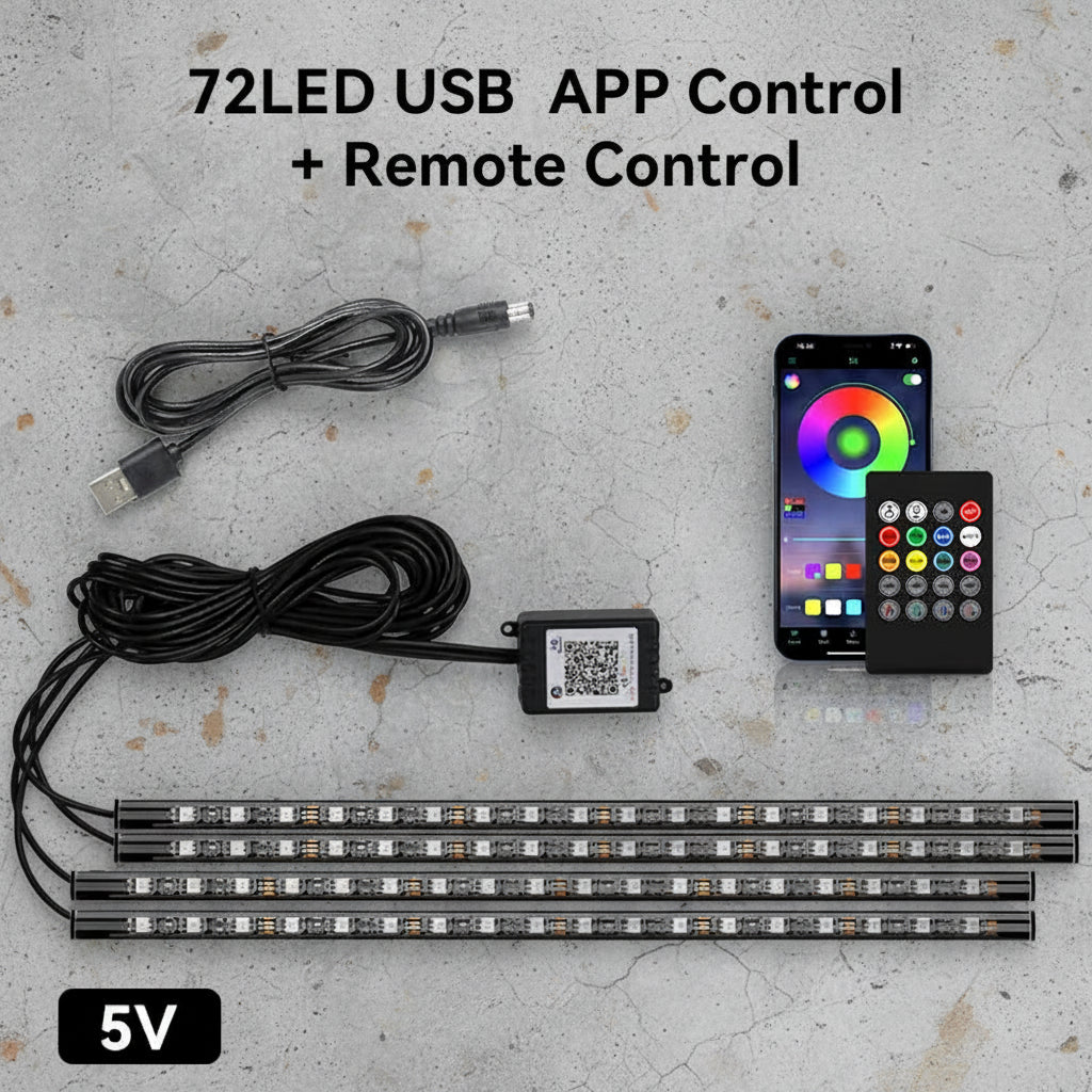 LED strip lights with USB cable, remote control, and app control on a white background.