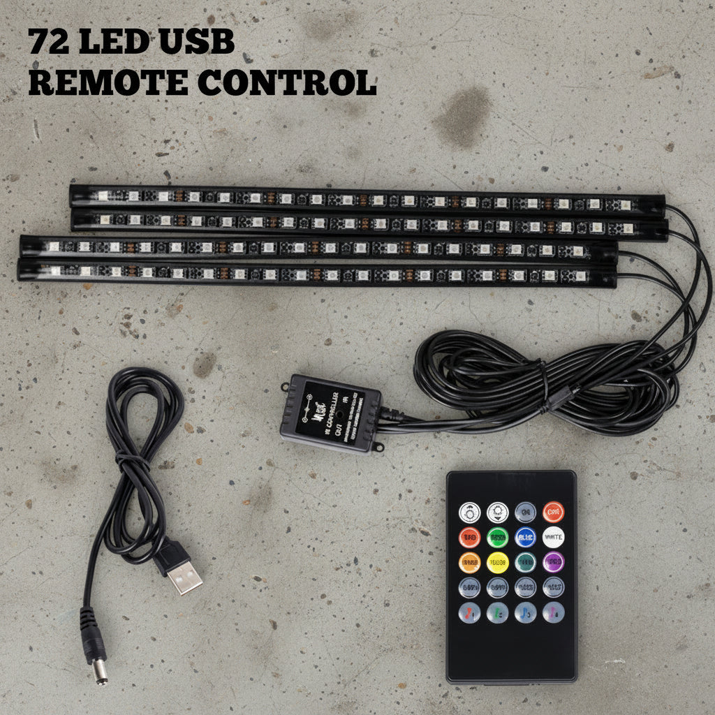 72 LED USB remote control light strips with power adapter and remote on a white background