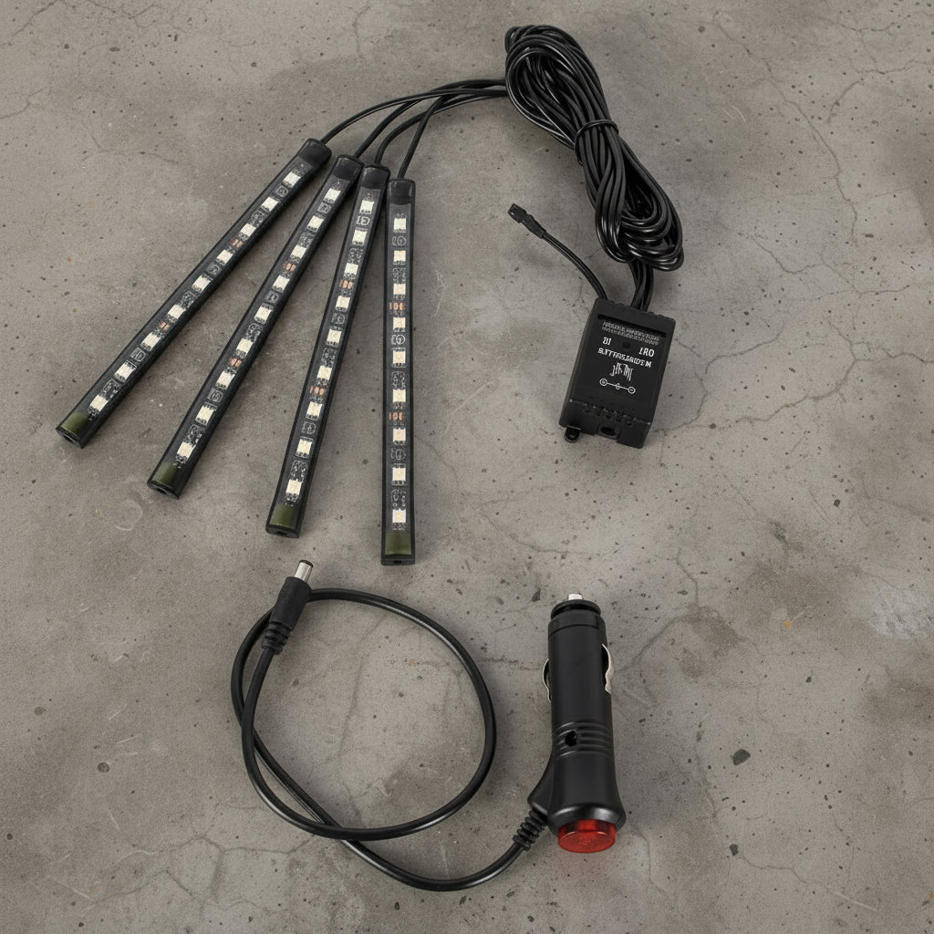 Car interior LED strip light kit with components labeled on a white background