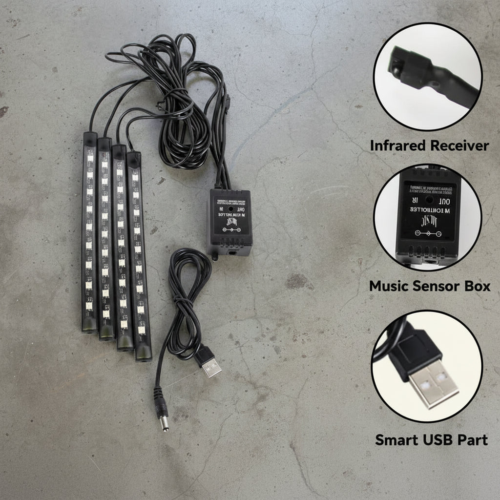 LED strip light kit with infrared receiver, music sensor box, and smart USB part on a white background.