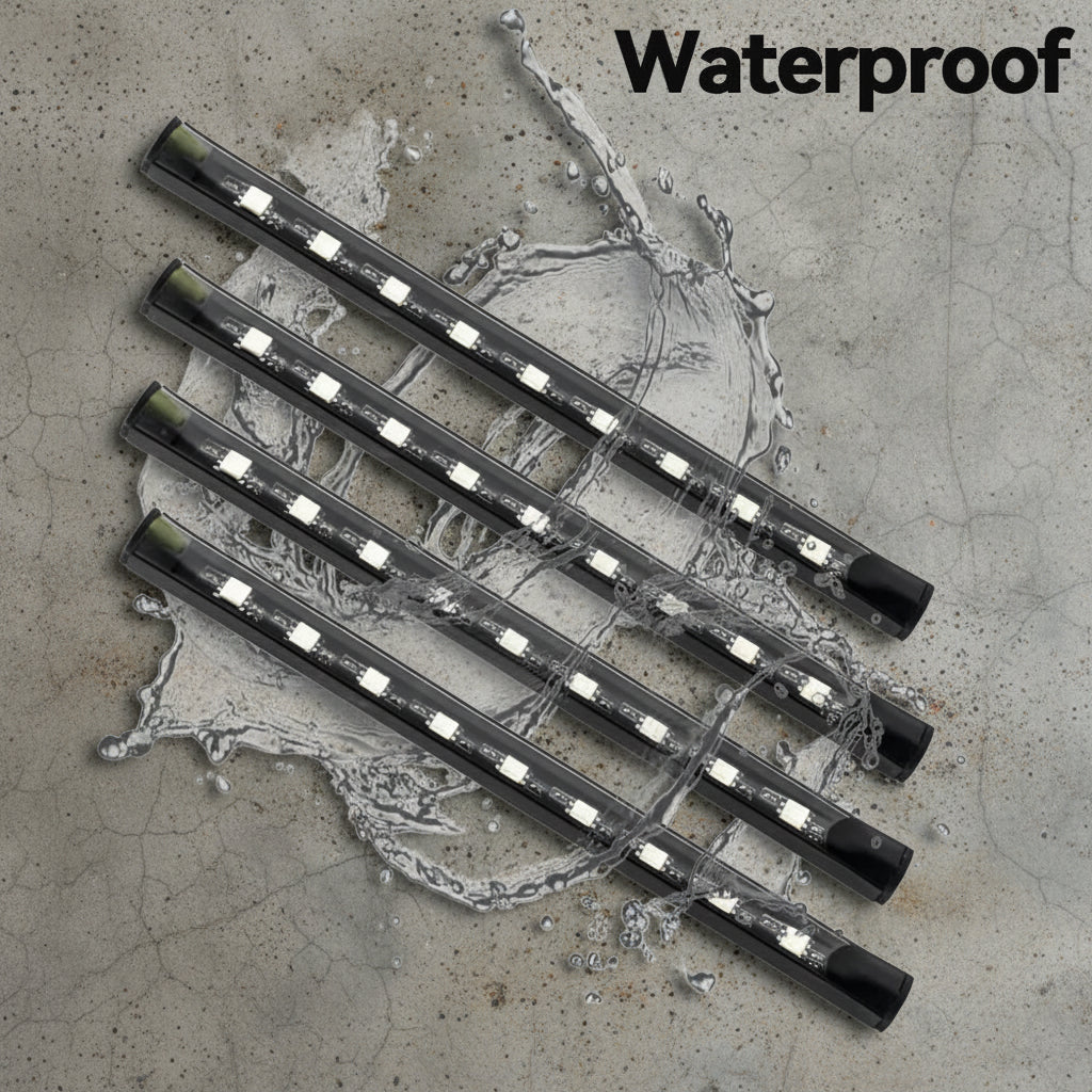 LED strips with water splashes and 'Waterproof' text on a white background