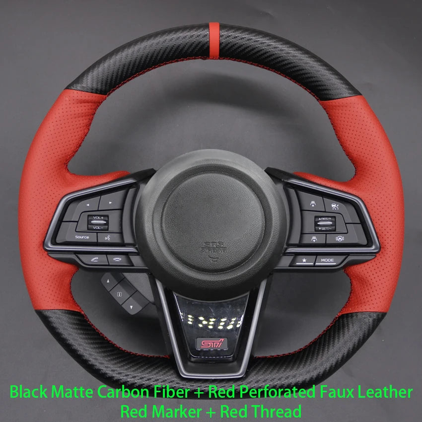 Red and black steering wheel with carbon fiber texture on a gray background