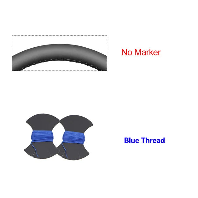 Diagram showing a tire with 'No Marker' text and two shoe inserts with blue thread labeled 'Blue Thread'.